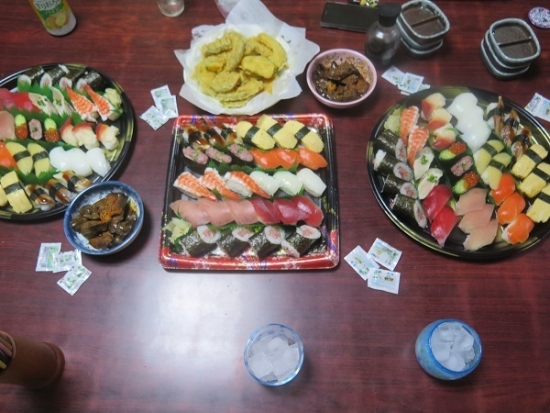 半額寿司、半額カボチャ天ぷら、半額とりレバー煮