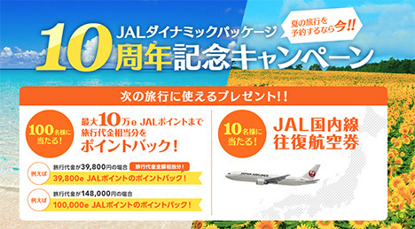 JALは、ダイナミックパッケージ10周年を記念でして、最大10万e JALポイントバックや往復航空券がプレゼントされるキャンペーンを開催！